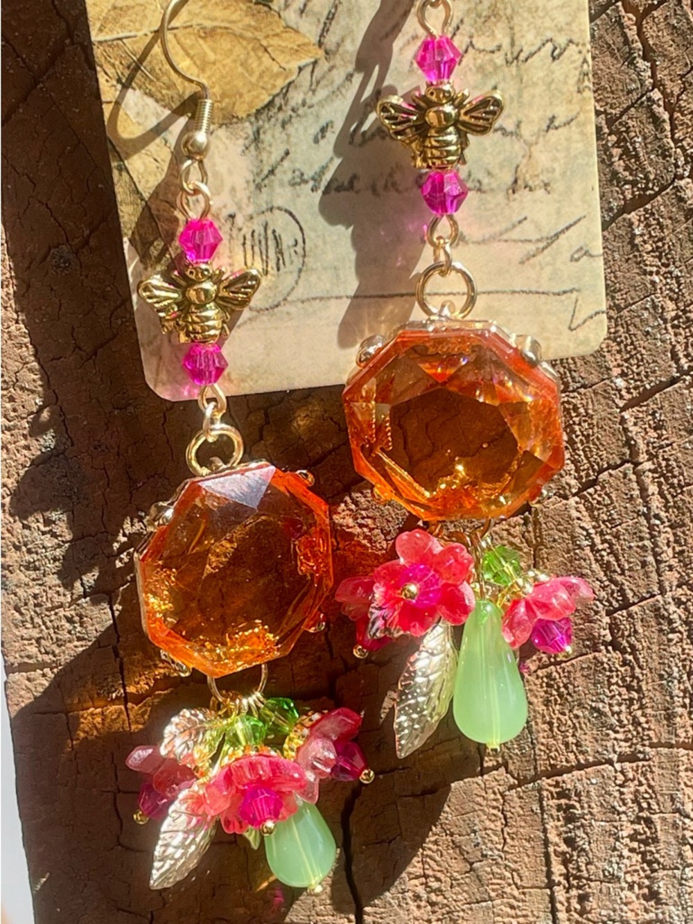 Gold Bee Drop Earrings with Orange Crystal and Pink-Green Accents - Picture 4 of 11